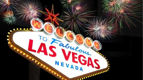 las vegas sign with fireworks