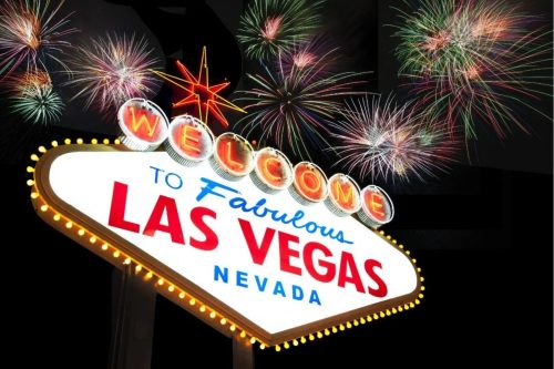 las vegas sign with fireworks