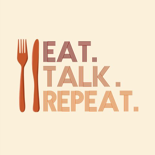 A warm, inviting graphic emphasizes connection and community through shared meals and conversation.