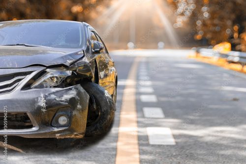 close up of the front of a wrecked car