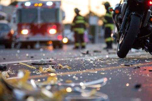 broken glass and an ambulance and motorcycle