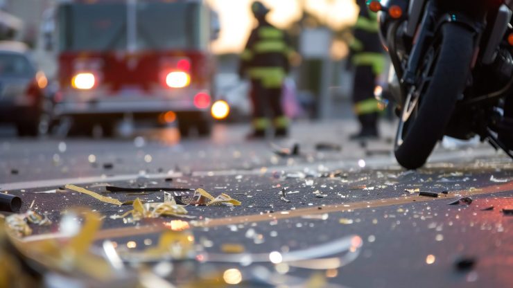 broken glass and an ambulance and motorcycle