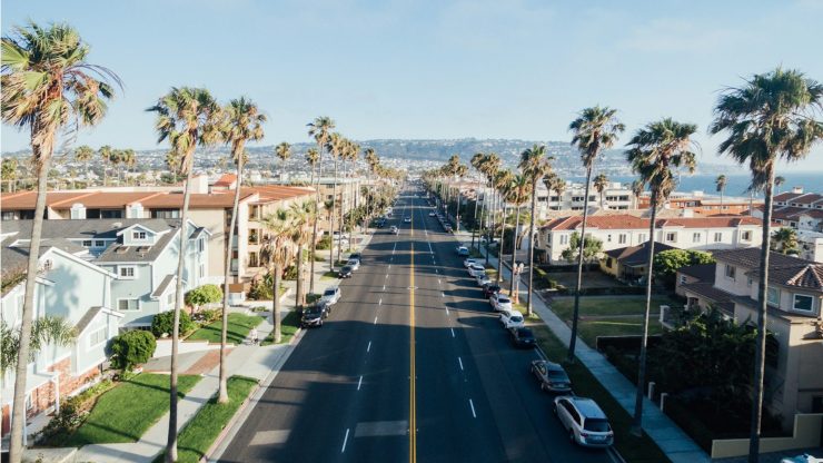 A serene coastal street lined with palm trees, showcasing a vibrant community and inviting atmosphere.