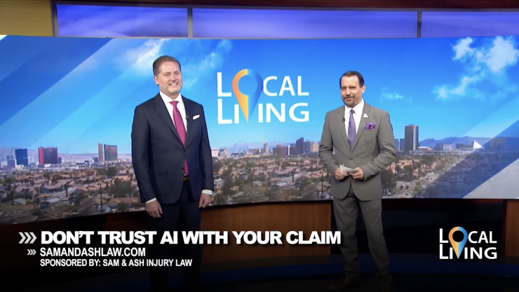 Two confident attorneys in suits stand in a professional studio with a cityscape backdrop and legal advocacy message.