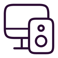 Minimalist computer and speaker icon symbolizing technology and communication expertise