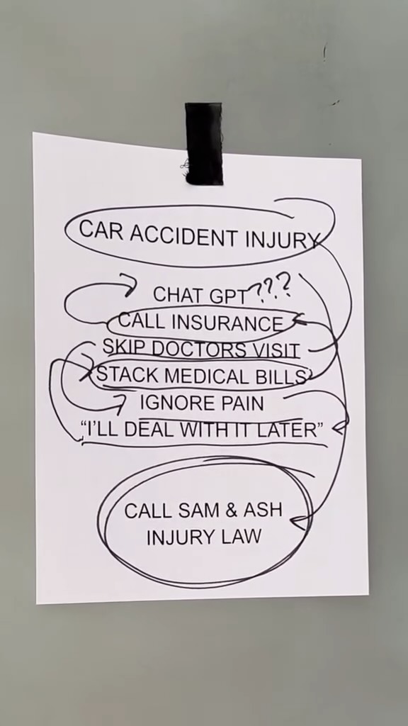 When your car breaks down, you know where to go. 
When your dog is sick, you know where to go. 
When you are injured in a car accident, why take the extra steps? 

Let us help you. There is no need to run around in circles trying to figure it out yourself.

Sam & Ash Injury Law – Because you deserve What’s Right 
Call for a FREE consultation 833-883-1333