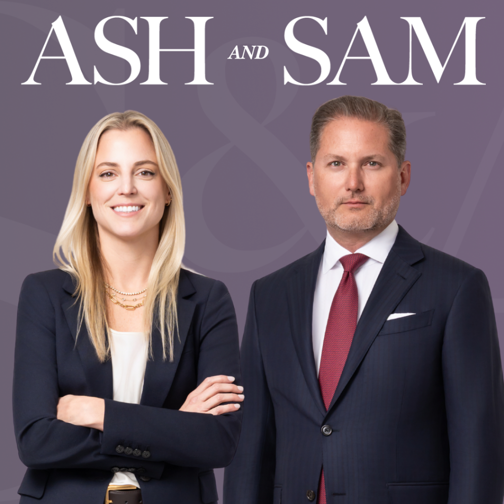 Attorneys Ash & Sam in professional attire standing against a purple background.