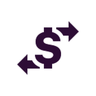 Dark purple dollar sign with arrows pointing left and right on white background, symbolizing financial balance.