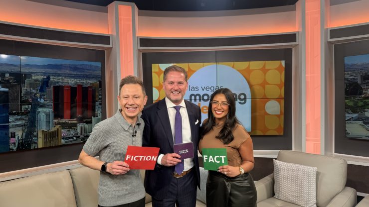 Three professionals standing confidently in a TV studio, promoting truth and advocacy for injury law.